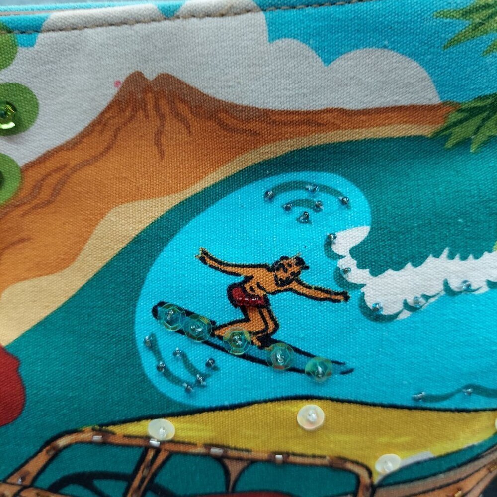 Surfer Woodie car Aloha Hawaii Hawaiian Print Canvas  Handbag With Leather Handl - Picture 5 of 13